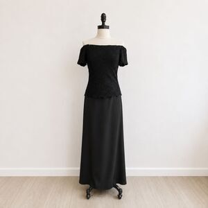 Vintage Black Lace Evening Gown Size 12 Off Shoulder Formal Maxi Dress Large